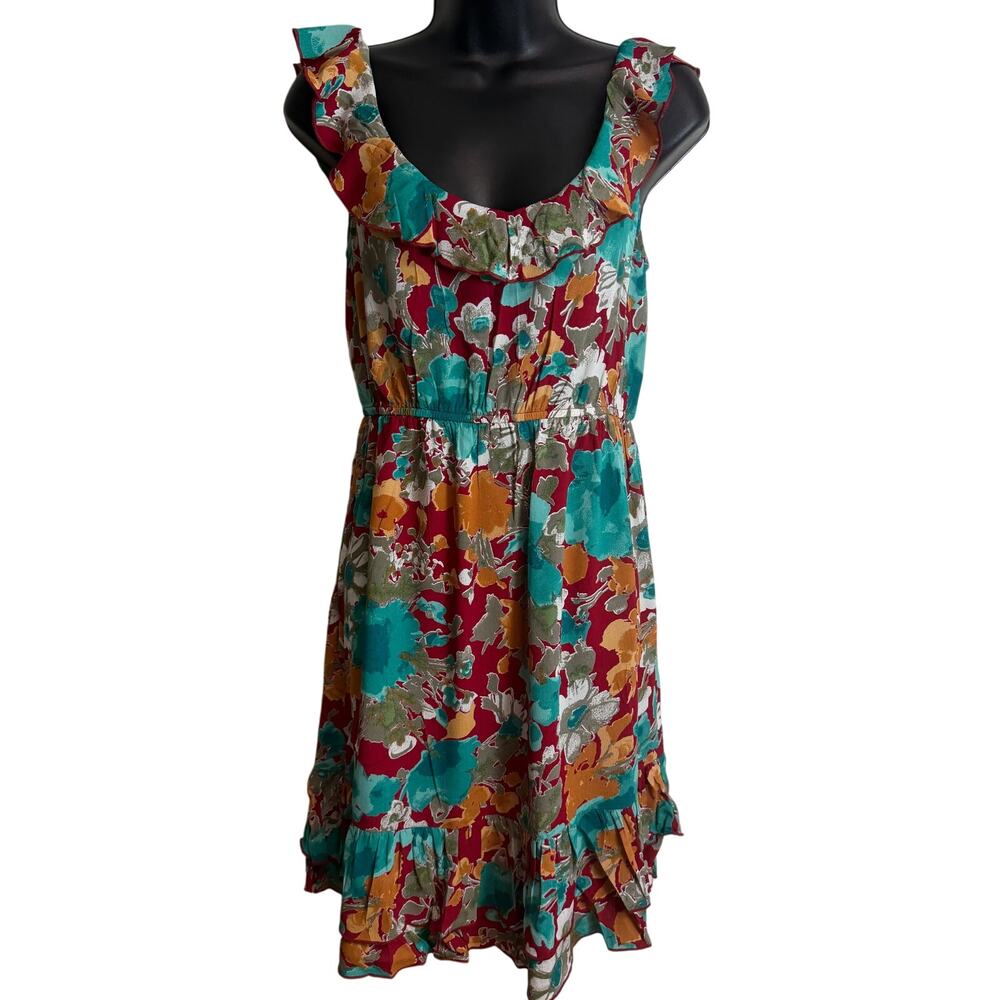 Cinnamon Girl Floral Ruffle Dress 4 Teal Red Boho Sleeveless Tiered Women EUC